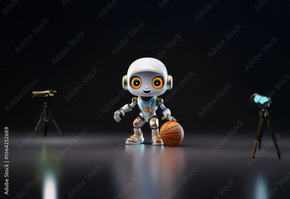 A white robot with orange eyes holds a basketball in front of two tripods with lighting equipment. A white robot with orange eyes holds a basketball in front of two tripods with lighting equipment.