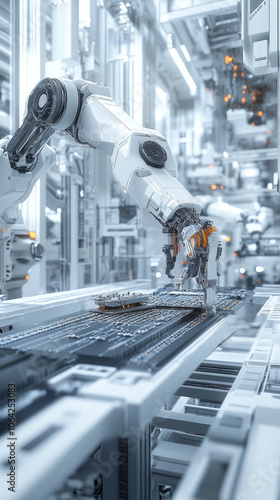 Wallpaper Mural A robot is working on a piece of machinery in a factory. The robot is white and has a metallic appearance. The factory is filled with other robots and machinery, creating a futuristic Torontodigital.ca