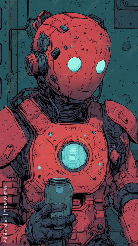 A robot with a red suit and blue eyes is holding a can of beer. The robot has a robotic voice and is smiling. The image has a futuristic and robotic feel to it A robot with a red suit and blue eyes is holding a can of beer. The robot has a robotic voice and is smiling. The image has a futuristic and robotic feel to it