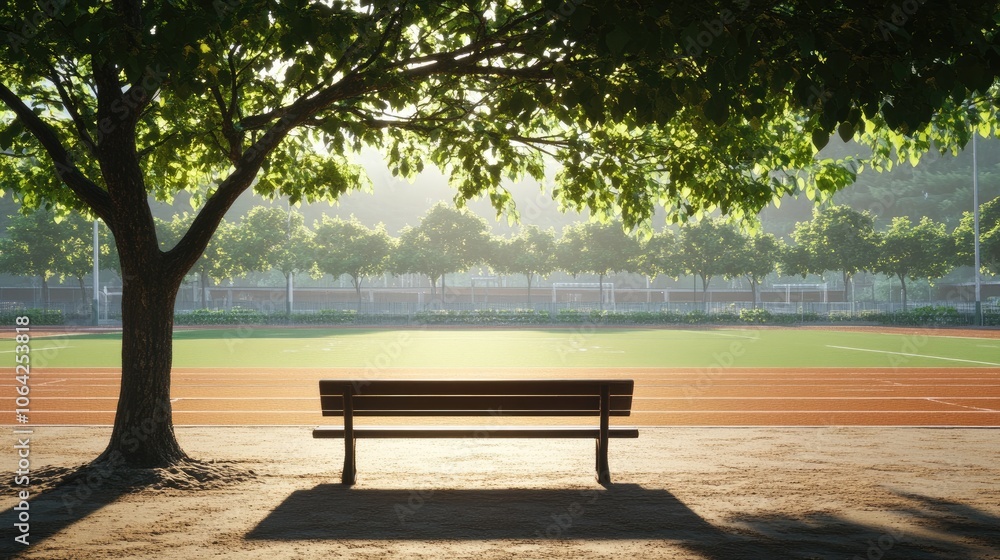 Peaceful Park Bench Under a Tree in Morning Light Peaceful Park Bench Under a Tree in Morning Light