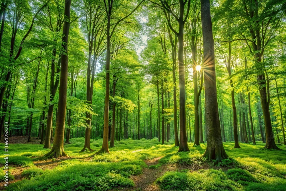 Fototapeta premium lush green forest landscape with tall trees and vibrant foliage, trees, forest, vegetation