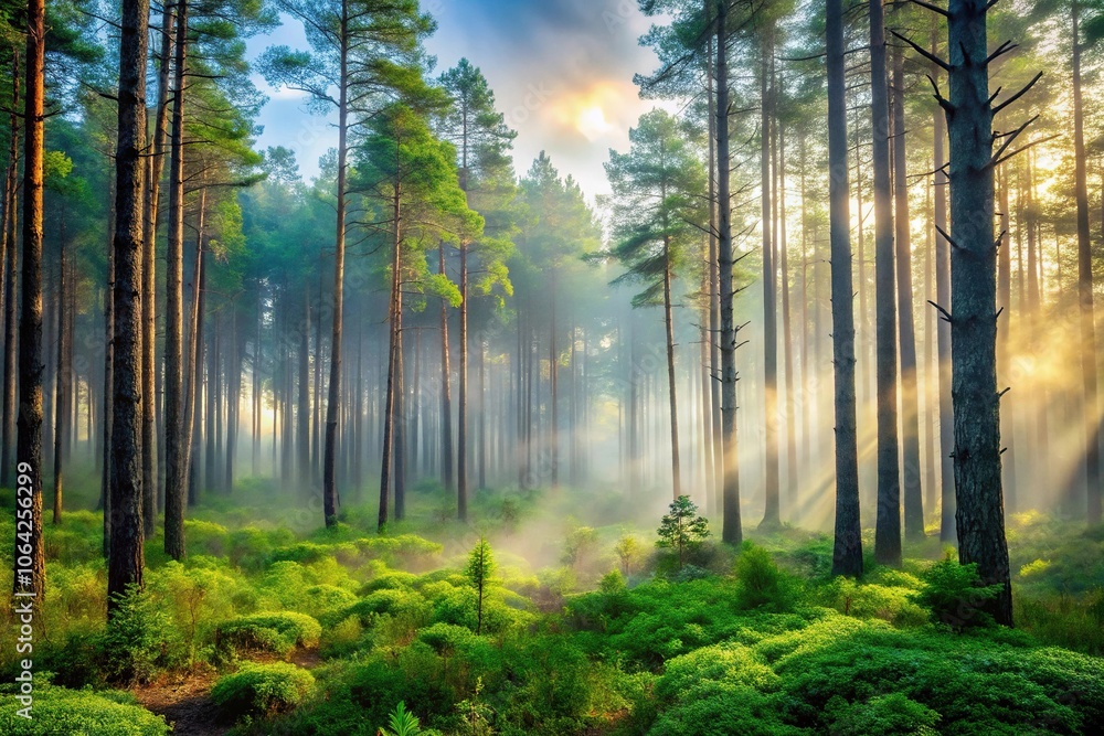 Obraz premium Mists rising from the forest floor amidst tall trees and underbrush, forest, atmosphere, ambiance, serene