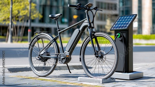 A sleek electric bike parked next to a charging station in a modern urban environment, showcasing eco-friendly transportation options.