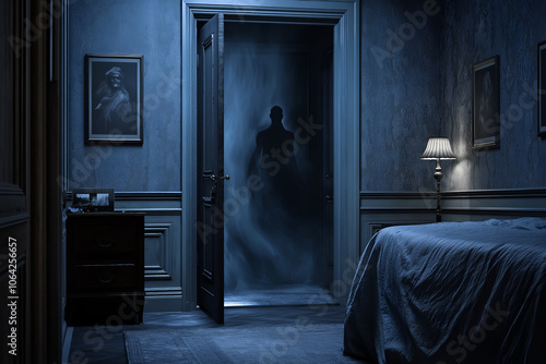 A shadow behind the bedroom door that is unclear whether it is a person or a ghost, in a creepy and eerie atmosphere.