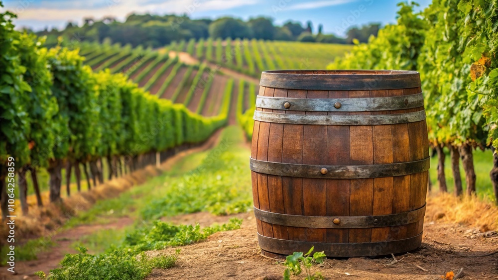 Old wooden wine barrel with a rusty lid sitting on the ground in a vineyard landscape surrounded by rows of grapevines and lush greenery, farm, rustic landscape, winemaking, rural scene Old wooden wine barrel with a rusty lid sitting on the ground in a vineyard landscape surrounded by rows of grapevines and lush greenery, farm, rustic landscape, winemaking, rural scene