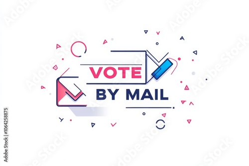 Geometric style logo design featuring the text "VOTE BY MAIL" in red and blue letters on a white background, with a clean, simple envelope icon next to the text.