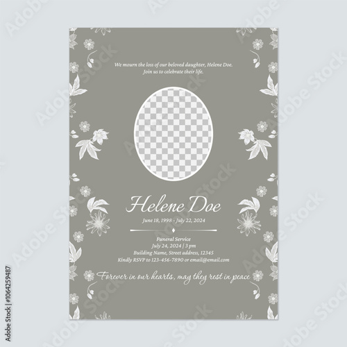 Floral funeral invitation template features a white floral border on each side on a grey background conveying a sense of respect and solemnity