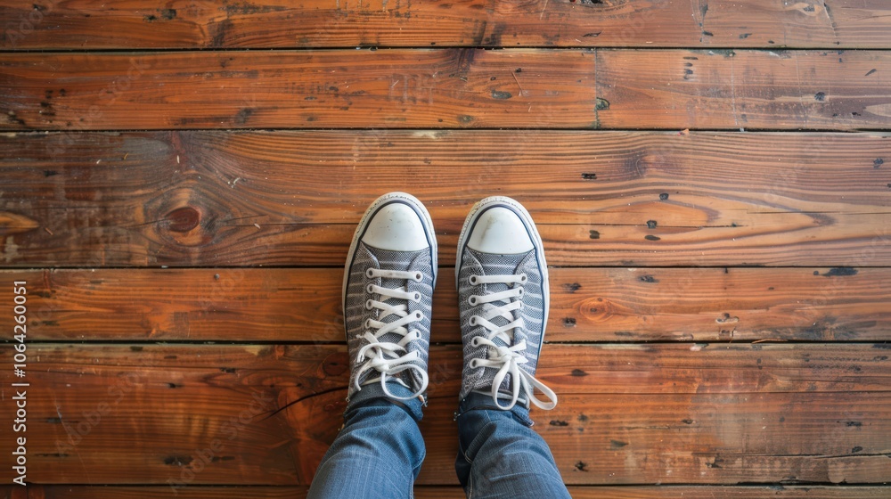 Top view selfie of feet in stylish sneakers on a wooden floor with space for text emphasizing public distancing Top view selfie of feet in stylish sneakers on a wooden floor with space for text emphasizing public distancing