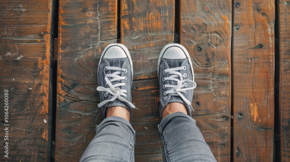 Top view selfie of feet in stylish sneakers on a wooden floor with space for text emphasizing public distancing Top view selfie of feet in stylish sneakers on a wooden floor with space for text emphasizing public distancing