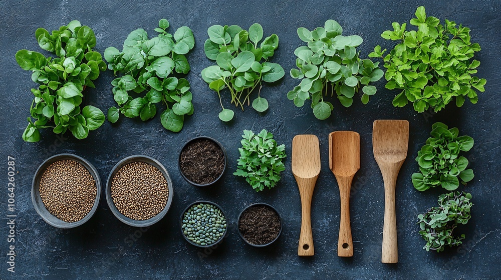 Fresh Herbs Seeds and Soil for Gardening Flat Lay Photo Fresh Herbs Seeds and Soil for Gardening Flat Lay Photo