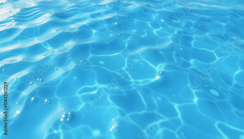 Blue water with ripples on the surface. Defocus blurred transparent blue colored clear calm water surface texture with splashes and bubbles. Water waves with shining pattern texture background isola