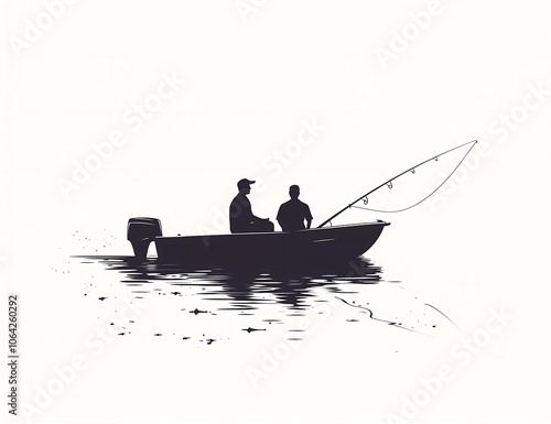 Fishing person in a boat with a friend, vector black silhouette on a white background, simple design