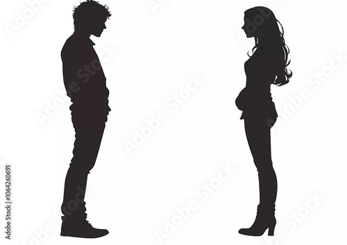 Silhouette of a young couple standing and looking at each other, isolated on a white background.