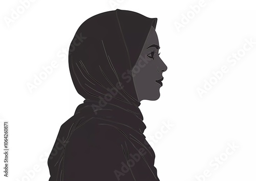 Silhouette vector of a Muslim woman wearing a hijab, in a simple and minimal style, against a white background