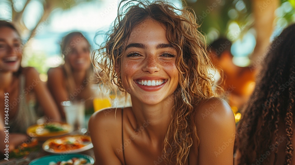 Happy Woman with Curly Hair Smiling at Camera During Outdoor Meal Happy Woman with Curly Hair Smiling at Camera During Outdoor Meal
