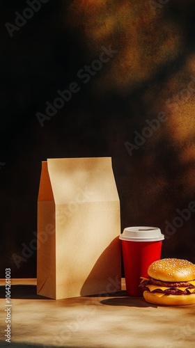 An empty scene featuring blank mockup template (Fast Food Paper Bag with Condiments for National Fast Food Day), 