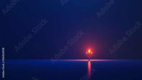 Lit Menorah with a Single Flame on a Dark Blue Background photo