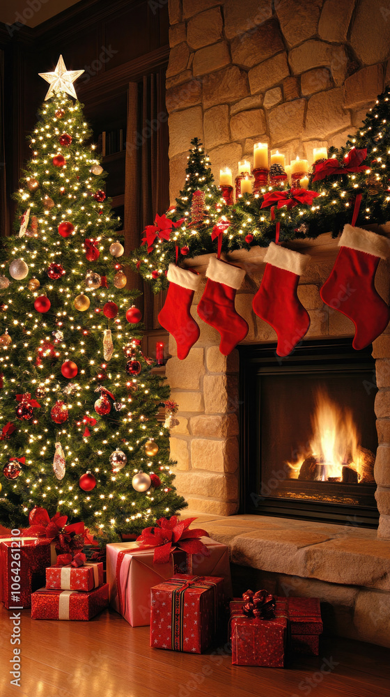 A cozy living room with a Christmas tree and a fireplace. The room is decorated with red and green ornaments, and there are several presents scattered around. The atmosphere is warm and inviting A cozy living room with a Christmas tree and a fireplace. The room is decorated with red and green ornaments, and there are several presents scattered around. The atmosphere is warm and inviting