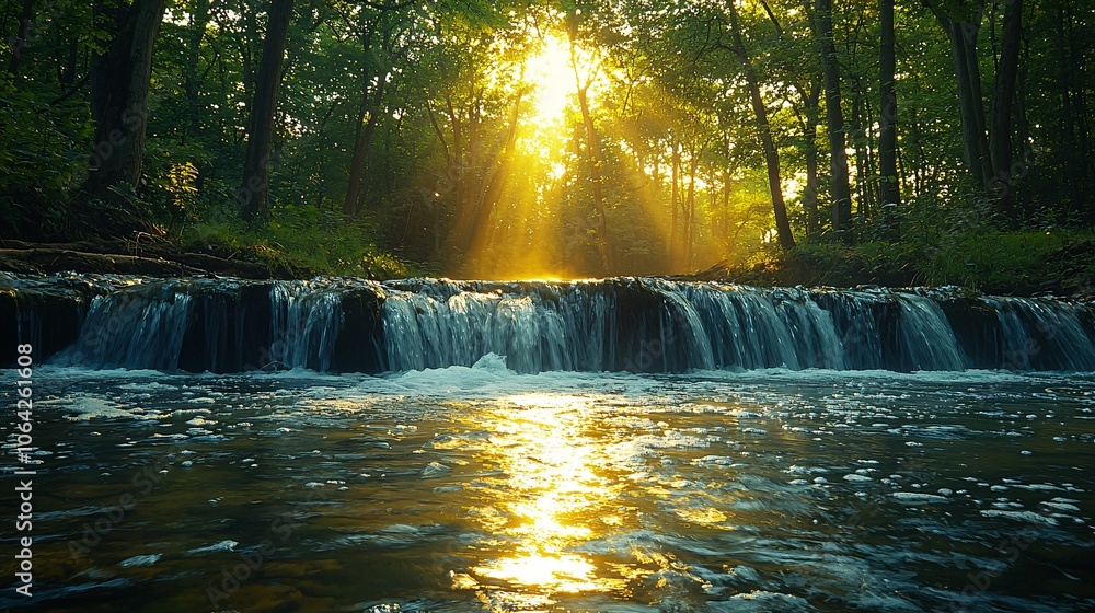 Golden Sunset Over Woodland Waterfall Scenic Nature Photography Golden Sunset Over Woodland Waterfall Scenic Nature Photography