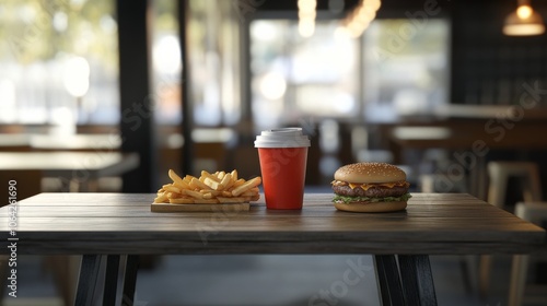 An empty scene featuring blank mockup template (Rustic Fast Food Table Layout for National Fast Food Day), 