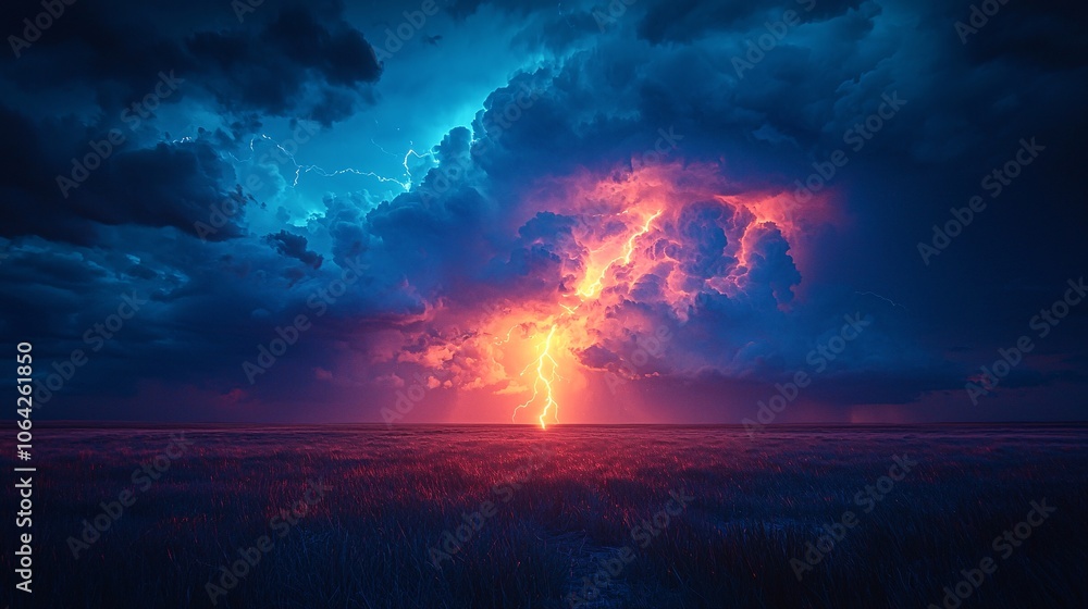 Dramatic Lightning Strike Over Field at Night Dramatic Lightning Strike Over Field at Night