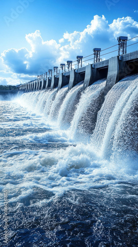 A large body of water with a waterfall in the background. The water is flowing rapidly and the sky is clear