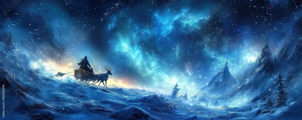 A man is riding a reindeer through a snowy landscape. The sky is dark and the water is choppy A man is riding a reindeer through a snowy landscape. The sky is dark and the water is choppy