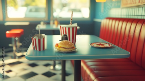 An empty scene featuring blank mockup template (Vintage Diner Table Setting for National Fast Food Day), 