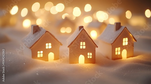 Illuminated Miniature Houses in a Snowy Scene photo