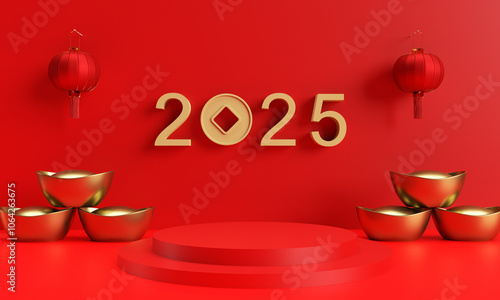 2025 2024 happy chinese new year snake zodiac culture religion celebration doin golden yellow lunar red podium stage showcase empty blank background wallpaper advertisement sale product marketing  photo