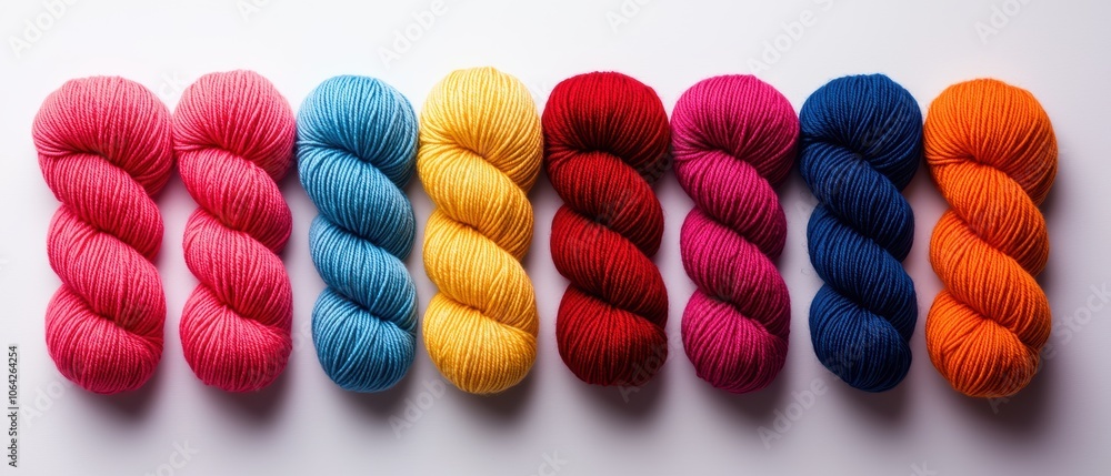 Colorful collection of yarn skeins arranged neatly on a white background.