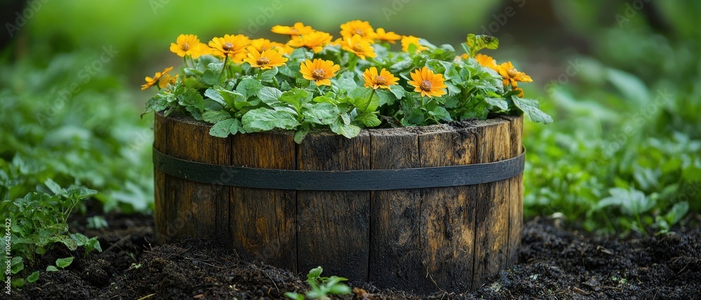 Colorful flowers blooming in a rustic wooden barrel, surrounded by lush green foliage. Colorful flowers blooming in a rustic wooden barrel, surrounded by lush green foliage.