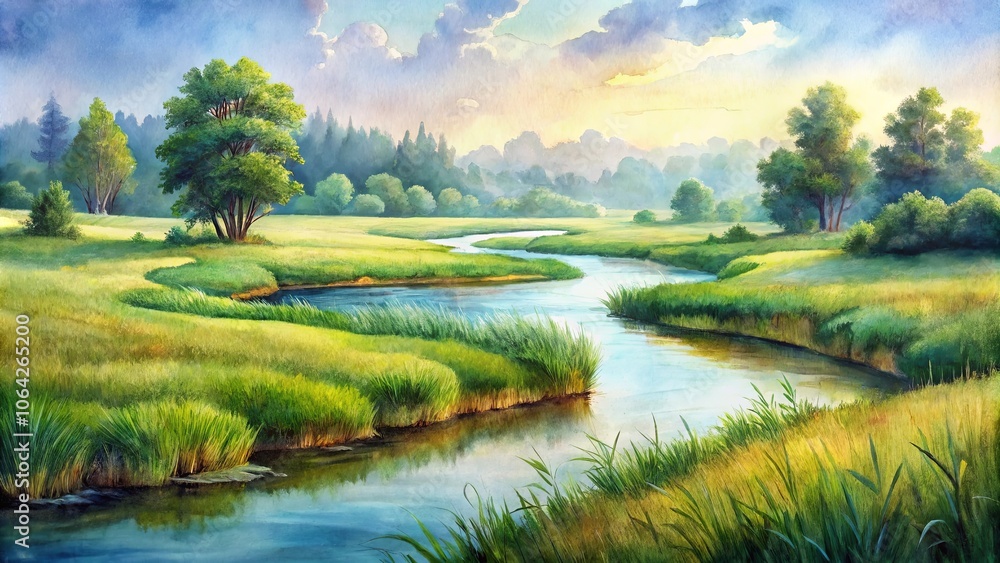 Serene Meadow with Winding River and a Lush Canopy of Foliage Under a Gentle Sky Serene Meadow with Winding River and a Lush Canopy of Foliage Under a Gentle Sky