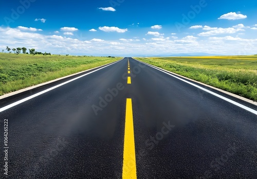 Empty asphalt road with yellow lines in the middle