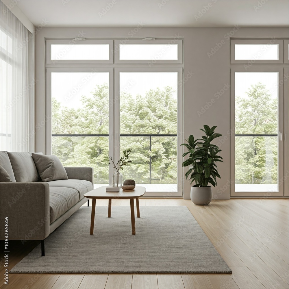 Fototapeta premium modern minimalist living room interior with grey sofa and rug wooden coffee table and large windows with trees view light natural hardwood floor minimalist design concept