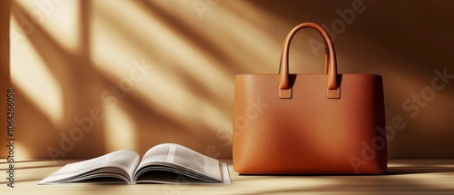 Leather handbag in sunlit room, open book, warm ambiance, wooden table, relaxed serene atmosphere.