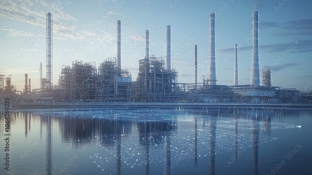 Obraz premium Industrial landscape at twilight, refinery silhouetted against dusk, calm reflective water, towering chimneys, serene sky