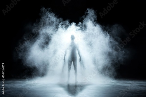 A man is standing in a cloud of smoke, creating a mysterious