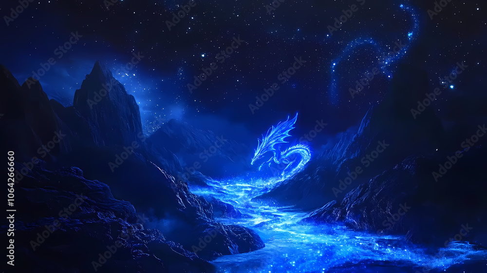 Obraz premium A mystical dragon crafted from radiant blue light emerges from a cosmic river, imbued with elements of mystery and intrigue as it traverses the starlit nightscape. Mystical. Illustration