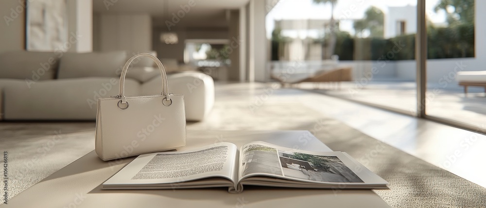 Sunlit room, open magazine on floor, elegant bag, modern minimalist interior, warm light streaming in through windows.