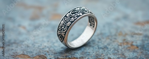 Elegant silver ring with intricate floral design on rustic background. photo