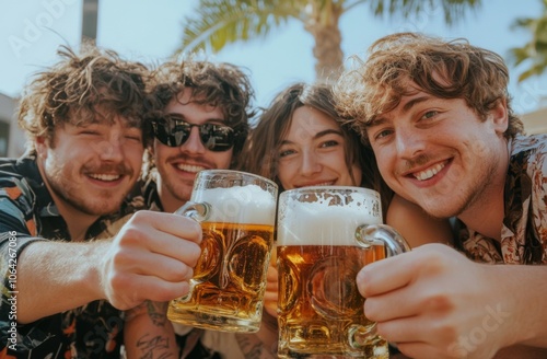 A close-up photo of four beer mugs clinking together in celebration, captured in natural light. photo