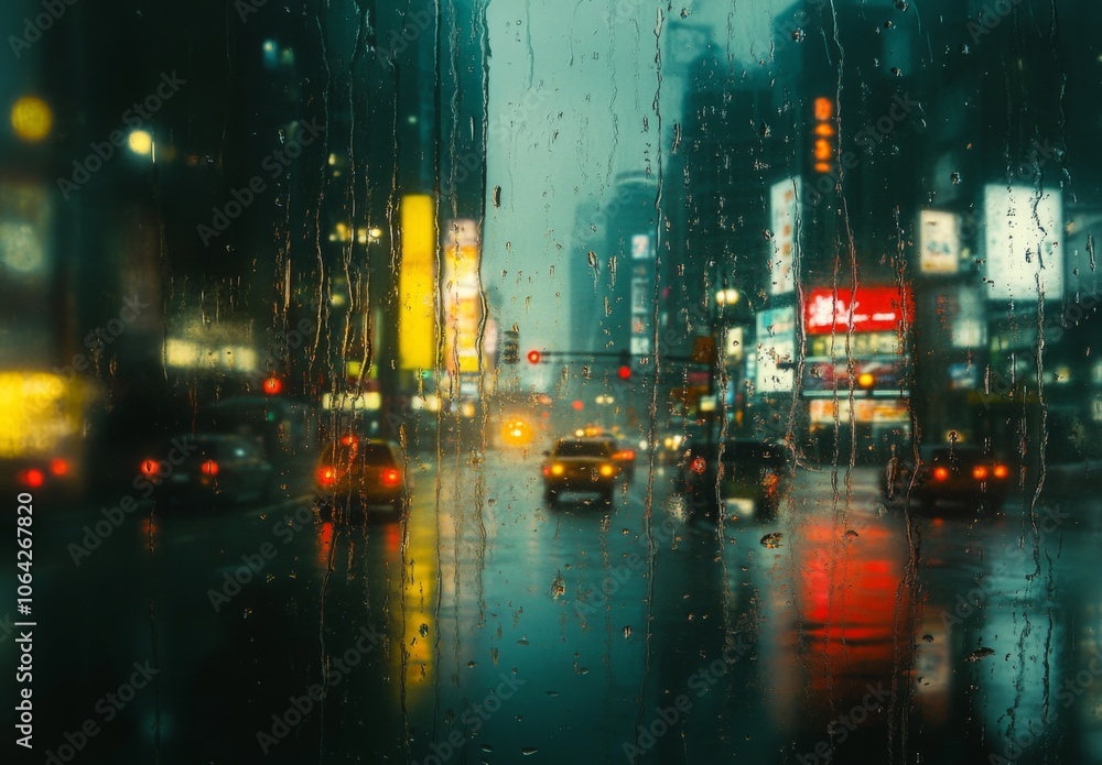 Fototapeta premium the view through a rain-covered window, with traffic lights and blurred buildings in the background.