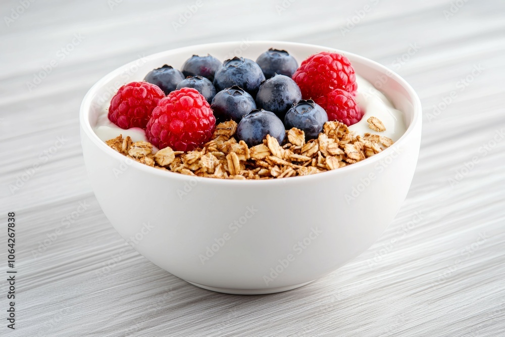 A bowl of cereal with blueberries and raspberries A bowl of cereal with blueberries and raspberries