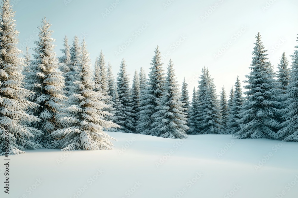 A snowy field with a large group of pine trees A snowy field with a large group of pine trees