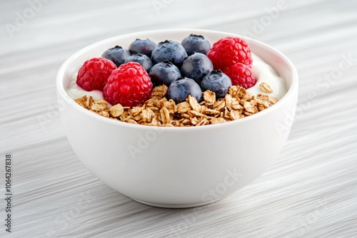 A bowl of cereal with blueberries and raspberries