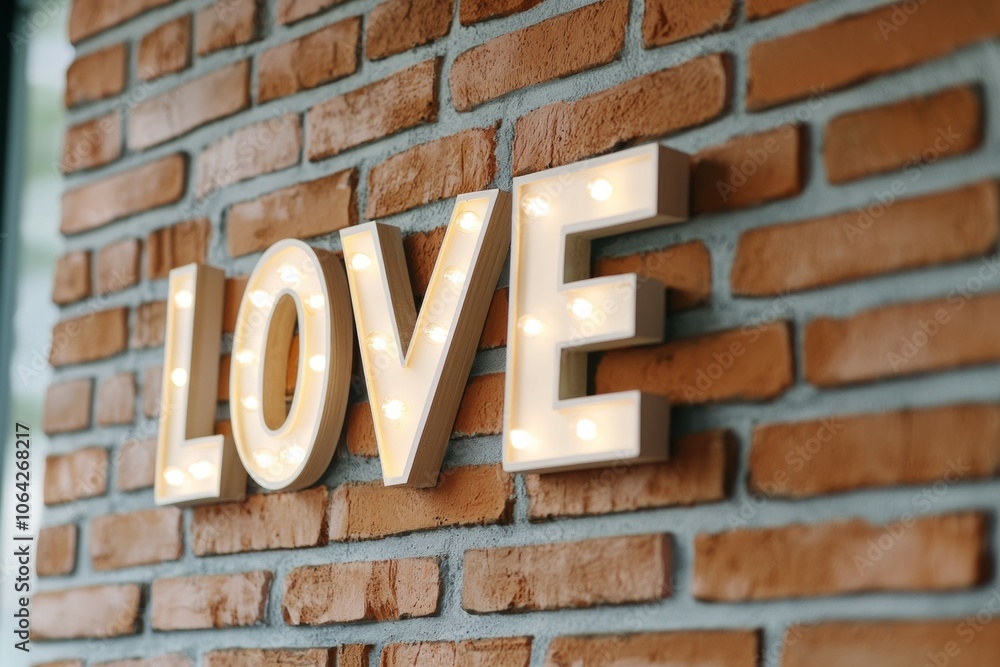 A brick wall with a lighted sign that says LOVE A brick wall with a lighted sign that says LOVE