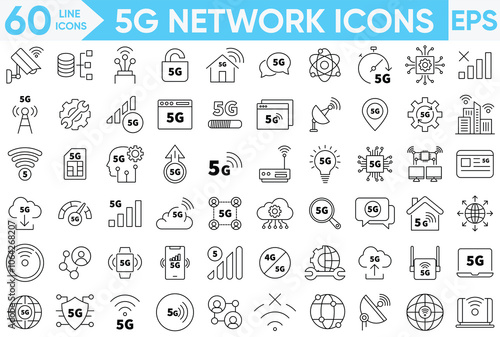 5G network outline web icons set. Connected, no signal, data upload, Wi-Fi, signal strength and more. vector and illustrator set.