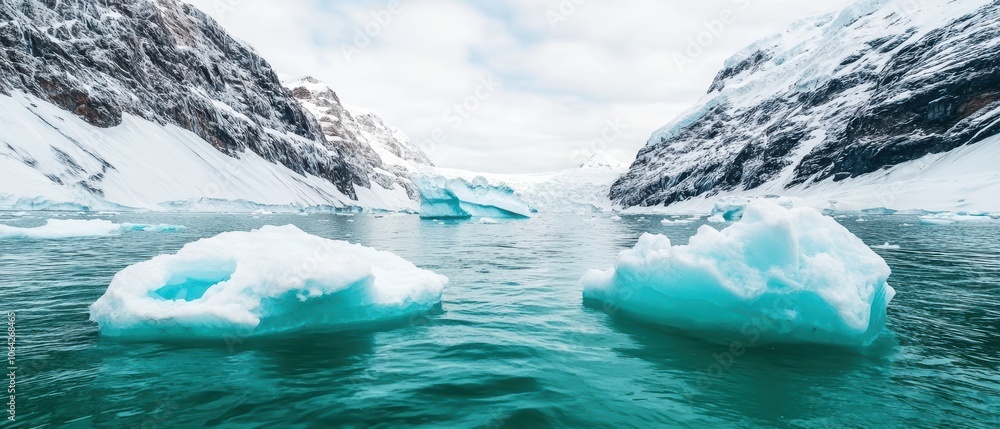 Majestic icy landscape with floating icebergs in tranquil blue waters, surrounded by snow-covered mountains. Majestic icy landscape with floating icebergs in tranquil blue waters, surrounded by snow-covered mountains.