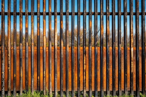 rusty black metal siding fence with striped background photo